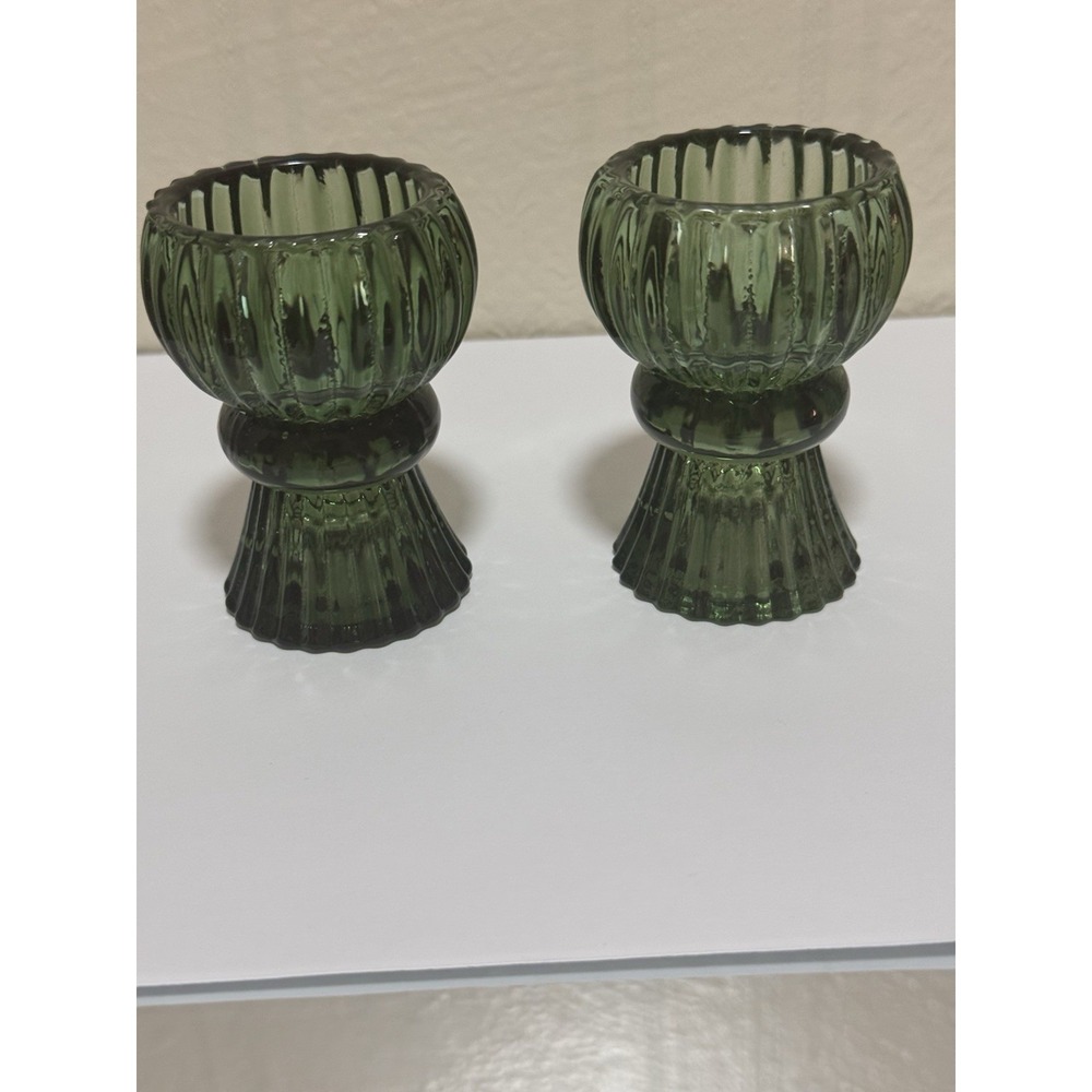Green Ribbed Glass Candle Holders Glossy Decorative Tea Light Pair